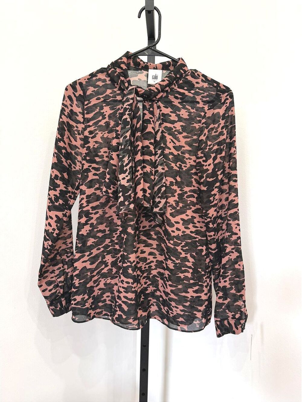 Cabi XS Pink and Black Patterned Long Sleeve Blouse with Neck Tie